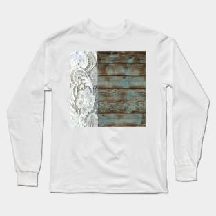 Western Country distressed blue Barn Wood white Lace Long Sleeve T-Shirt